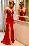 Deep V Neck Lace Beaded Red Mermaid Top See Through Prom Dresses Formal Evening Dress