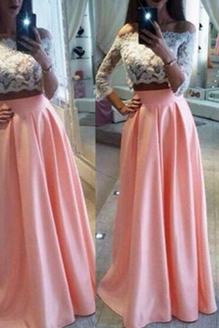 Lace Pink 3/4 Long Sleeves 2 Piece White Skirt Evening Prom Dresses