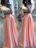 Lace Pink 3/4 Long Sleeves 2 Piece White Skirt Evening Prom Dresses