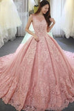 Luxurious Pink Lace Ball Gown Appliques High Quality Long Prom Dresses Formal Evening Dress
