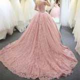 Luxurious Pink Lace Ball Gown Appliques High Quality Long Prom Dresses Formal Evening Dress