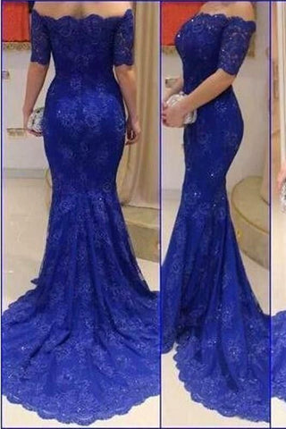 Fashion Short Sleeves Mermaid Royal Blue Lace Beaded Long Prom Dresses Formal Evening Dress