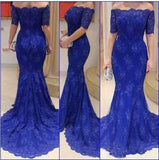 Fashion Short Sleeves Mermaid Royal Blue Lace Beaded Long Prom Dresses Formal Evening Dress