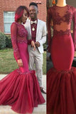 Burgundy Mermaid Long Sleeves See Through High Neck Prom Dresses Formal Evening Dress