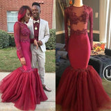 Burgundy Mermaid Long Sleeves See Through High Neck Prom Dresses Formal Evening Dress