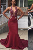 Sexy Backless Deep V Neck Burgundy Lace Mermaid Bead Prom Dresses Formal Evening Fancy Dress