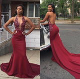 Sexy Backless Deep V Neck Burgundy Lace Mermaid Bead Prom Dresses Formal Evening Fancy Dress