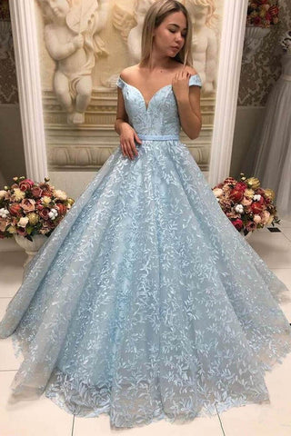 New Arrival Light Blue Lace Ball Gown Off Shoulder Prom Dresses Formal Evening Fancy Dress