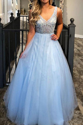 A Line Princess Light Blue Lace See Through Prom Dress Formal Evening Fancy Dresses