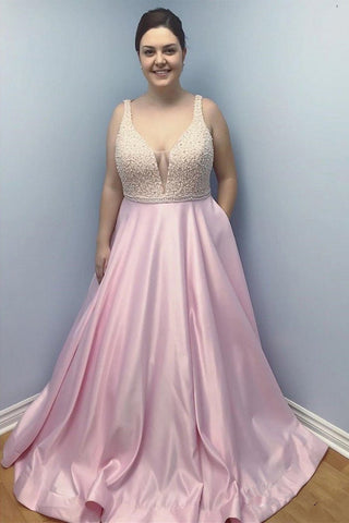 A Line V Neck Open Back Pink Plus Size Beaded Long Prom Dresses Formal Evening Gown Dress