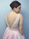 A Line V Neck Open Back Pink Plus Size Beaded Long Prom Dresses Formal Evening Gown Dress