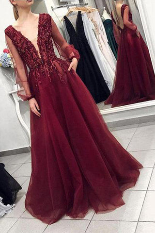 Long Sleeves Deep V Neck Open Back Burgundy Beaded Prom Dress Formal Evening Fancy Dresses