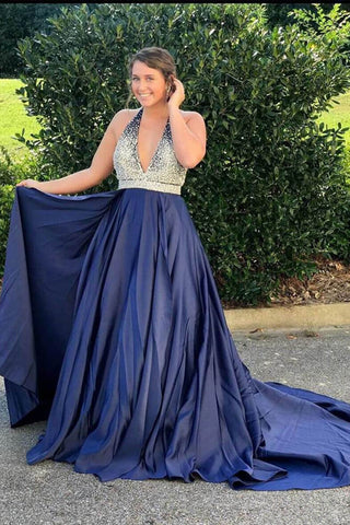 Plus Size Backless Dark Blue A Line V Neck Beaded Halter Prom Dresses Formal Evening Dress