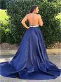 Plus Size Backless Dark Blue A Line V Neck Beaded Halter Prom Dresses Formal Evening Dress
