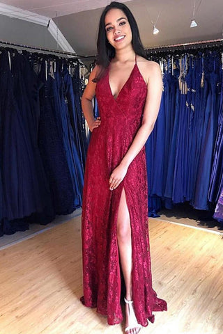 Open Back Halter Lace Burgundy V Neck Slit Long Prom Dresses Formal Evening Fancy Dress