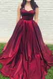 Simple A Line Burgundy Satin Long Prom Dresses With Pocket Formal Evening Gown Dress