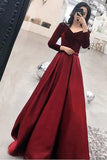 Chic A Line Burgundy Velvet V Neck Long Sleeves Prom Dress Formal Evening Fancy Dresses
