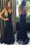 Sexy Open Back Navy Blue Sequin Straps Mermaid Prom Dresses Formal Long Evening Dress