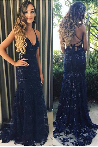 Sexy Open Back Navy Blue Sequin Straps Mermaid Prom Dresses Formal Long Evening Dress