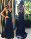 Sexy Open Back Navy Blue Sequin Straps Mermaid Prom Dresses Formal Long Evening Dress