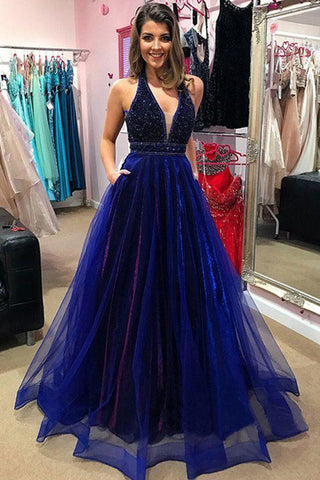 A Line Royal Blue V Neck Halter Beaded Long Prom Dresses Formal Evening Fancy Dress