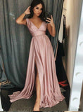 Elegant V Neck Flesh Pink Front Split A Line Long Prom Dresses Formal Evening Fancy Dress