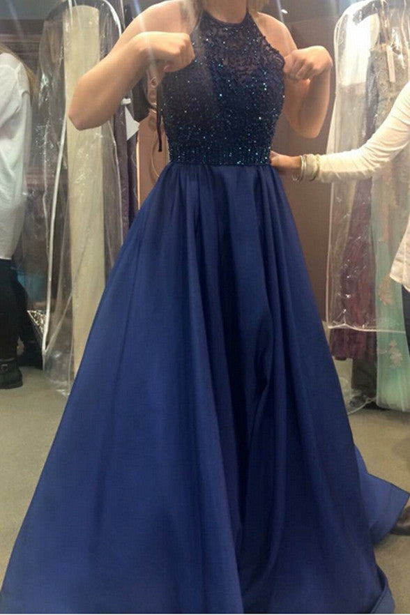 Halter Rhinestones Navy Blue Ball Gown Evening Dress Prom Dresses