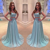 2 Pieces Cap Sleeves Lace Appliques Chiffon Long Prom Dresses