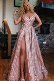 Shiny Spaghetti Straps Rose Gold Sequin V Neck Long Prom Dresses Formal Evening Fancy Dress
