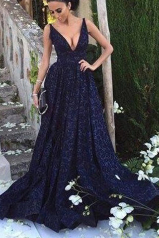 Fashion V Neck Navy Blue Lace A Line Long Formal Prom Dresses Evening Fancy Dress