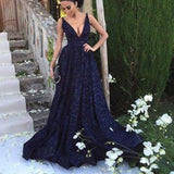 Fashion V Neck Navy Blue Lace A Line Long Formal Prom Dresses Evening Fancy Dress