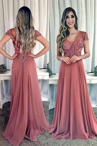 Charming Cap Sleeves V Neck Chiffon Beaded Long Prom Dresses Formal Evening Dress