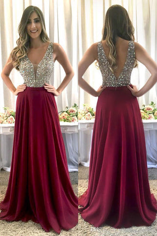 Fashion V Neck Open Back Burgundy Beaded Long Prom Dresses Formal Evening Dress