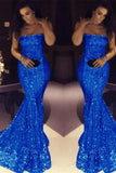 Shiny Royal Blue Sequin Mermaid Strapless Long Prom Dress Formal Evening Dresses