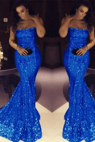 Shiny Royal Blue Sequin Mermaid Strapless Long Prom Dress Formal Evening Dresses