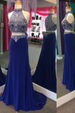 Two Piece Royal Blue See Through Beaded Mermaid Prom Dresses Formal Evening Fancy Dress