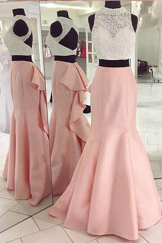 High Neck White/Pink 2 Piece Backless Mermaid Evening Gowns Prom Dress