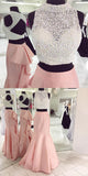 High Neck White/Pink 2 Piece Backless Mermaid Evening Gowns Prom Dress