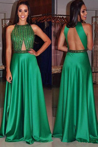 Chic Open Back Green Beaded High Neck Long Formal Prom Dresses Evening Fancy Dress