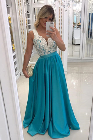 Fashion White Lace Blue-Green V Neck Long Prom Dress Formal Evening Grad Dresses