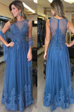 See Through Lace Appliques Blue Long Formal Prom Dresses Evening Mother's of Bride Dress