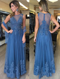 See Through Lace Appliques Blue Long Formal Prom Dresses Evening Mother's of Bride Dress
