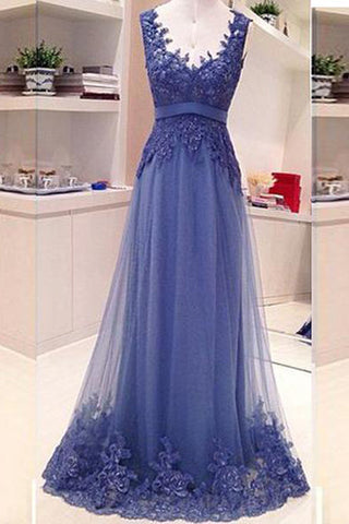 Empire Waist Backless Lace Appliques Blue Long Formal Prom Dresses Evening Party Dress