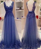 Empire Waist Backless Lace Appliques Blue Long Formal Prom Dresses Evening Party Dress