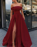 Elegant Off the Shoulder Burgundy Satin Long Formal Prom Dresses Evening Fancy Dress