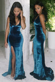 Dark Blue Velvet Straps Slit Mermaid Long Prom Dresses Formal Evening Fancy Dress
