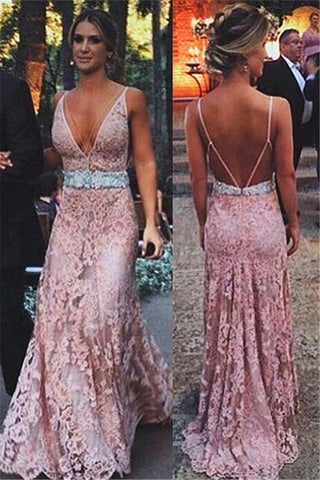 Pink Lace Open Back Deep V Neck Mermaid Long Formal Prom Dresses Evening Fancy Dress