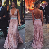 Pink Lace Open Back Deep V Neck Mermaid Long Formal Prom Dresses Evening Fancy Dress