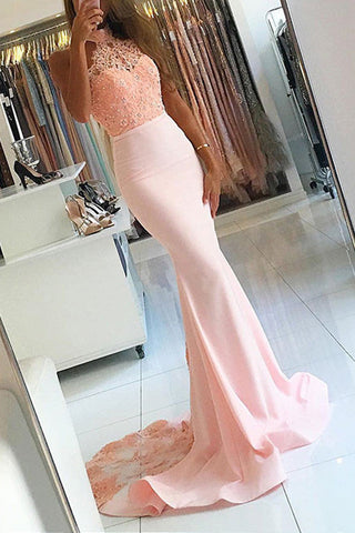 Halter New Arrival Pink Lace Mermaid Long Evening Dress Prom Dresses