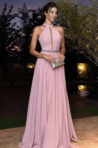 Charming High Neck Halter Pink Chiffon Beaded Long Prom Dresses Formal Evening Dress